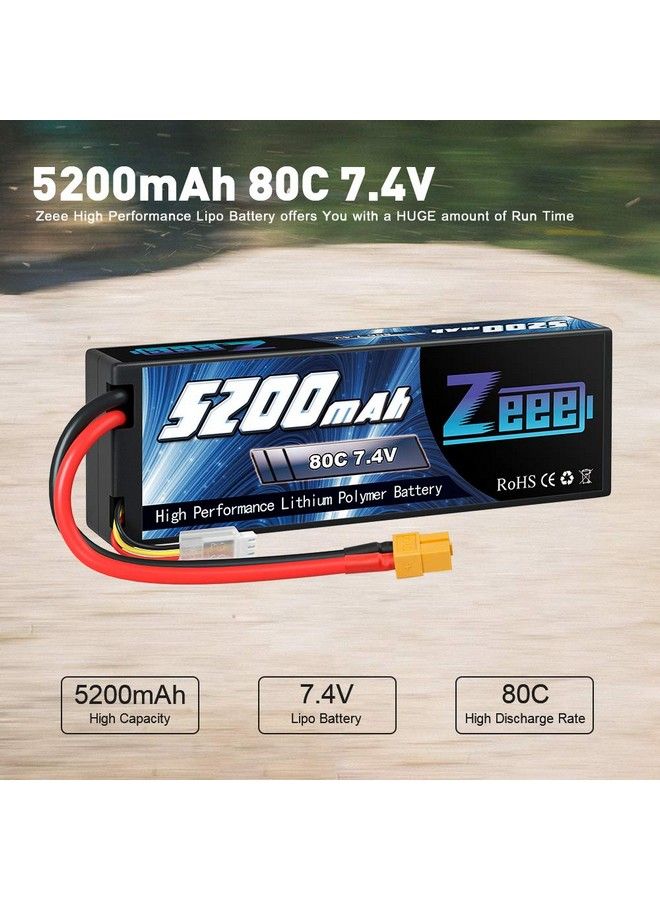 2S 5200Mah Lipo Battery 7.4V 80C Battery With Xt60 Plug Hard Case For 1/8 1/10 Rc Vehicles Car Slash Rc Buggy Truggy Rc Airplane Uav Drone(2 Packs)