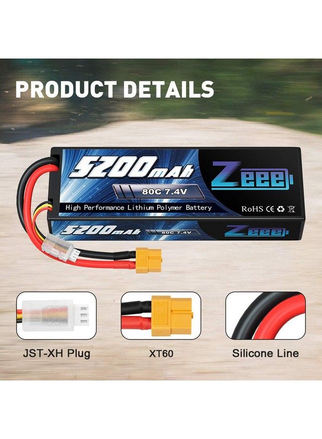 2S 5200Mah Lipo Battery 7.4V 80C Battery With Xt60 Plug Hard Case For 1/8 1/10 Rc Vehicles Car Slash Rc Buggy Truggy Rc Airplane Uav Drone(2 Packs)