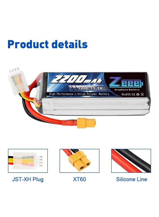 3S 120C 2200Mah 11.1V Lipo Battery With Xt60 Plug Rc Graphene Lipo For Fpv Drone Quadcopter Helicopter Airplane Rc Boat Rc Car Rc Models(2 Pack)