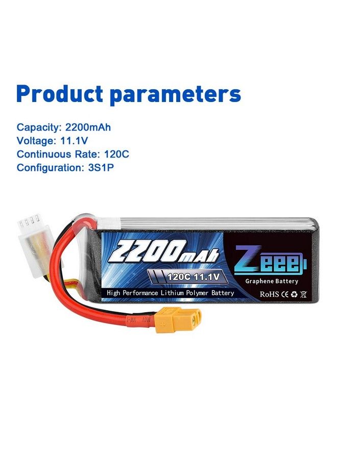 3S 120C 2200Mah 11.1V Lipo Battery With Xt60 Plug Rc Graphene Lipo For Fpv Drone Quadcopter Helicopter Airplane Rc Boat Rc Car Rc Models(2 Pack)