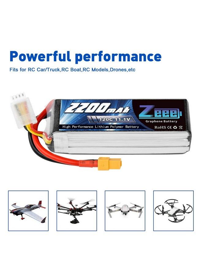 3S 120C 2200Mah 11.1V Lipo Battery With Xt60 Plug Rc Graphene Lipo For Fpv Drone Quadcopter Helicopter Airplane Rc Boat Rc Car Rc Models(2 Pack)