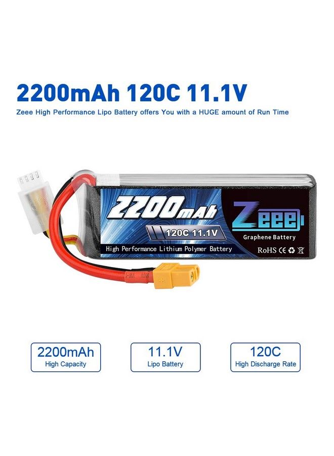 3S 120C 2200Mah 11.1V Lipo Battery With Xt60 Plug Rc Graphene Lipo For Fpv Drone Quadcopter Helicopter Airplane Rc Boat Rc Car Rc Models(2 Pack)