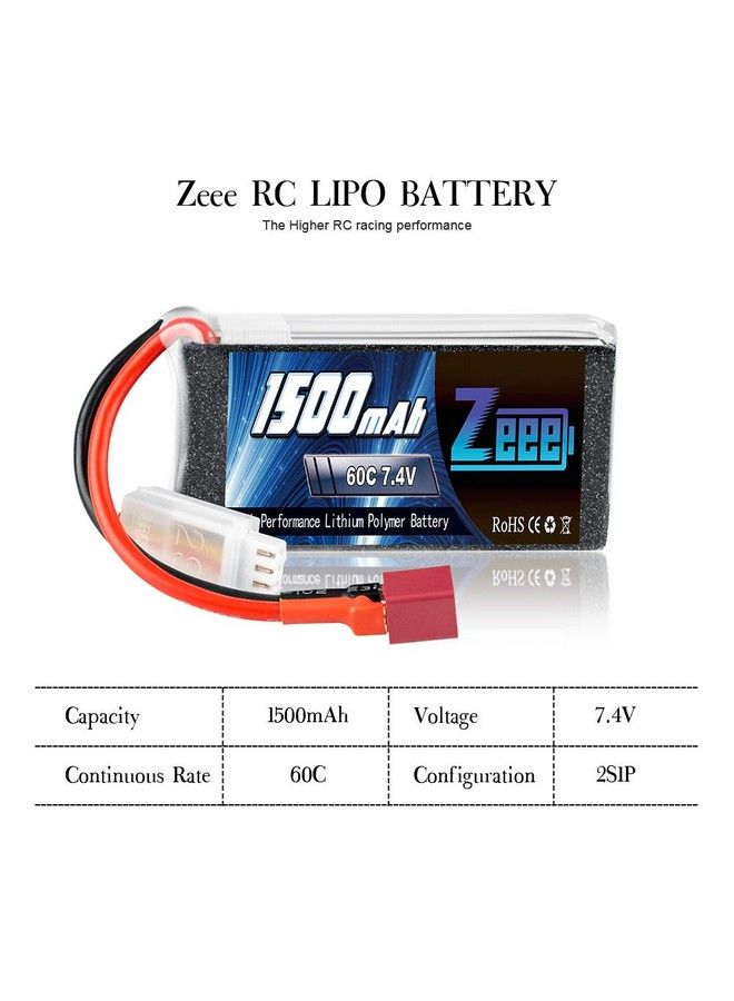 7.4V 60C 1500Mah 2S Rc Lipo Battery With Deans Plug For Fpv Drone Quadcopter Helicopter Airplane Rc Boat Rc Car Rc Models(2 Pack)