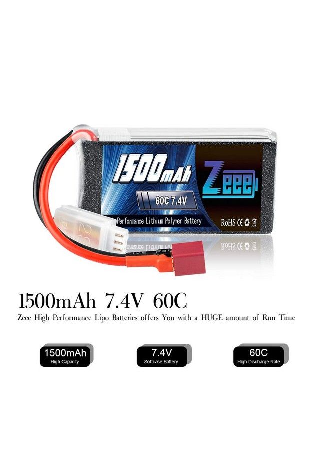 7.4V 60C 1500Mah 2S Rc Lipo Battery With Deans Plug For Fpv Drone Quadcopter Helicopter Airplane Rc Boat Rc Car Rc Models(2 Pack)