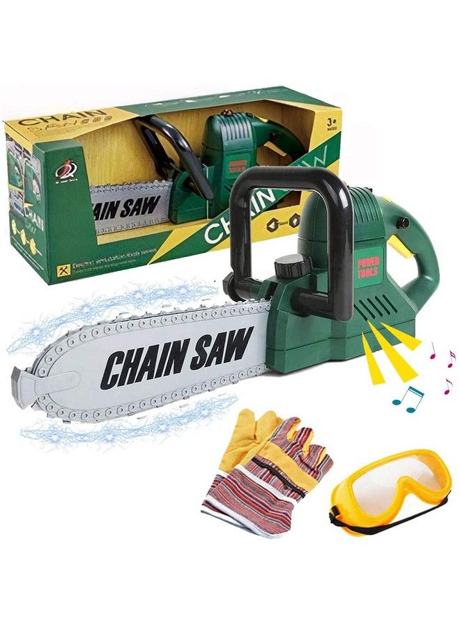 Kids Electric Chainsaw Toy Tool Pretend Play Set With Safety Goggles Work Gloves ; Rotating Chain And Realistic Sound Effects