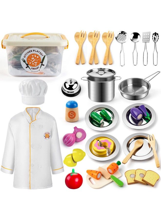Pretend Play Kitchen Set Toy Kitchen Accessories With Stainless Steel Cookware Pots And Pans Plates Cooking Utensils Kids Chef Coat & Hat Wooden Play Food For Kids Girls Boys Toddlers