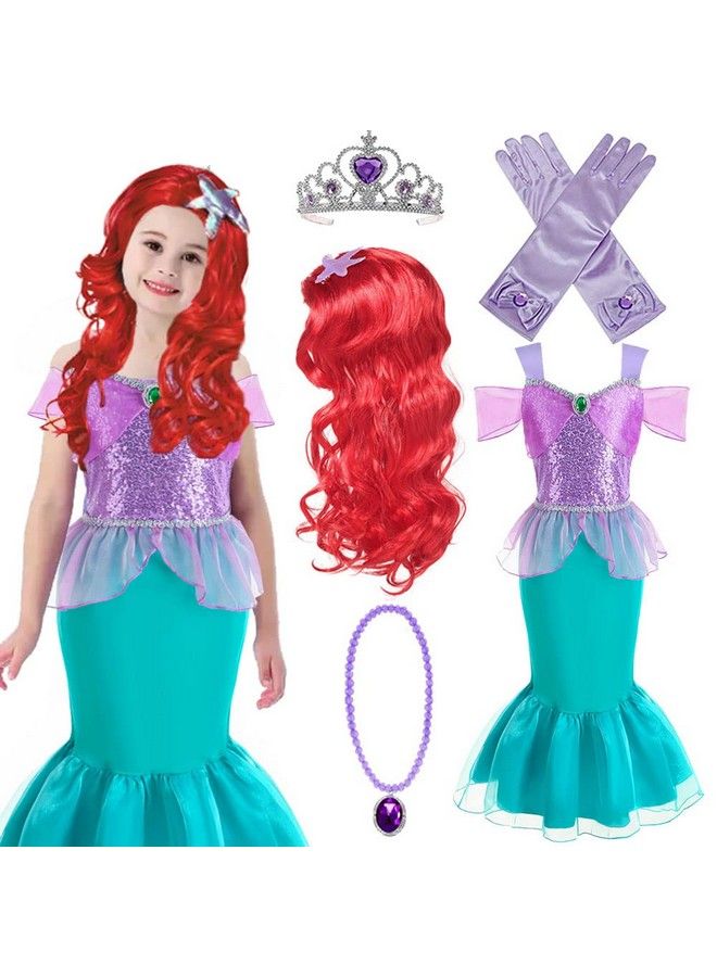 Princess Little Mermaid Costume For Girls Mermaid Wig Princess Ariel Cosplay Dress Up For Birthday Party Halloween Costume (140(78T))