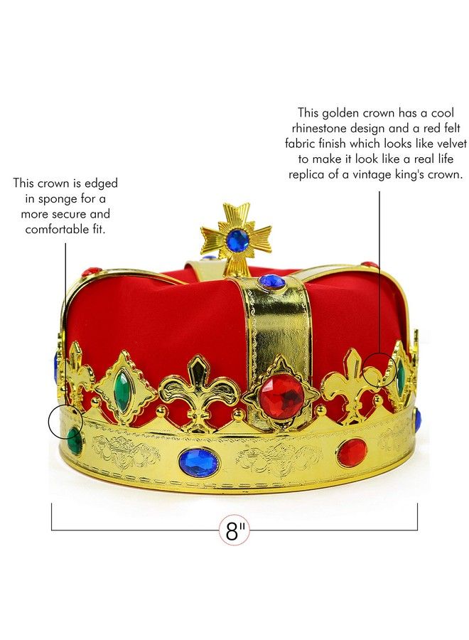 Regal Gold King Crown Royal Red Felt Imperial Jeweled Mens And Womens Unisex Party Dress Up Accessory Crowns 1 Piece