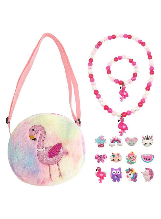 Little Girl Plush Purse Handbag Kids Necklace Pretend Play Toy Playset Jewelry Crossbody Purse For Children Toddler Baby Girls Flamingo