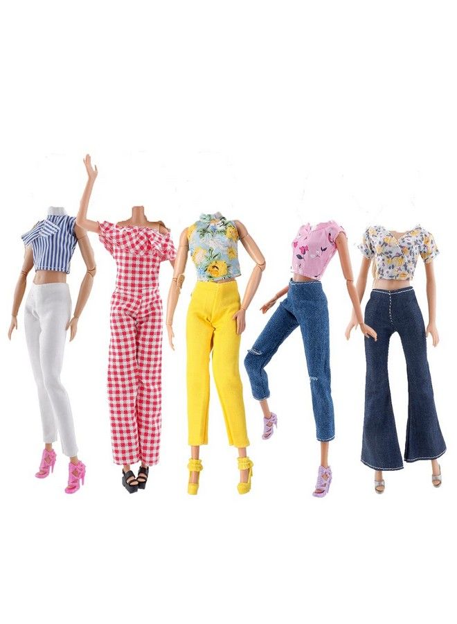 Lot 10 Items = 5 Sets Doll Clothes Casual Wear Outfit Tops + Pants With 5 Pair Shoes Accessories For 11.5 Inch Girl Doll (Style C)