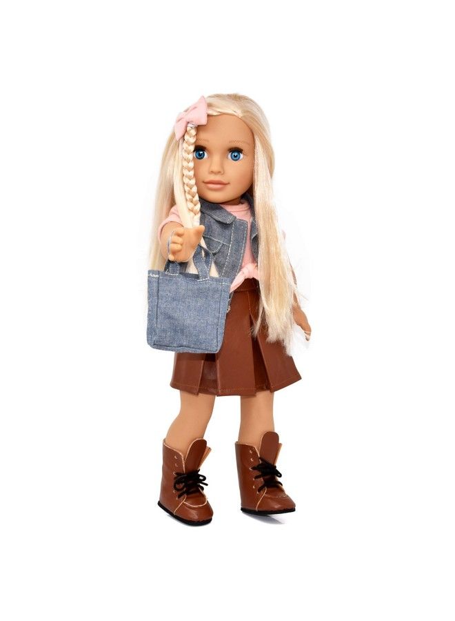 18 Inch Girl Doll Fashion Doll With Fine Blonde Long Hair For Styling Blue Eyes Leather Skirt And Boots Denim Jacket Hair Bow Handbag Doll Clothes And Accessories Princess Doll For Girls And Kids