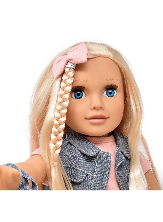 18 Inch Girl Doll Fashion Doll With Fine Blonde Long Hair For Styling Blue Eyes Leather Skirt And Boots Denim Jacket Hair Bow Handbag Doll Clothes And Accessories Princess Doll For Girls And Kids