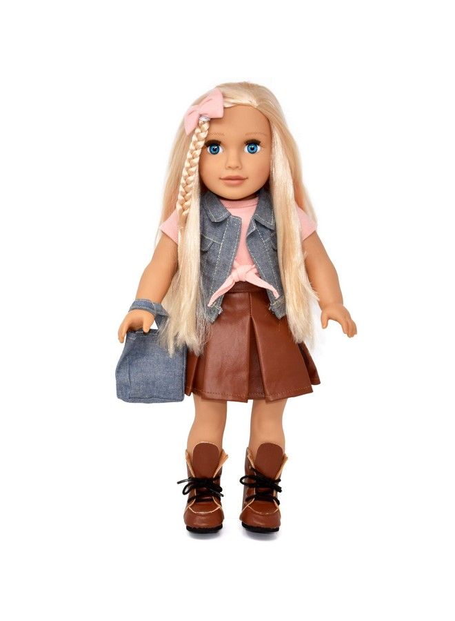 18 Inch Girl Doll Fashion Doll With Fine Blonde Long Hair For Styling Blue Eyes Leather Skirt And Boots Denim Jacket Hair Bow Handbag Doll Clothes And Accessories Princess Doll For Girls And Kids