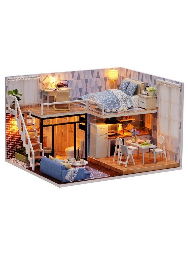 Dollhouse Miniature With Furniture Diy Dollhouse Kit Plus Dust Proof & Led Light Creative Room Toys For Children Gift (Blue Time)