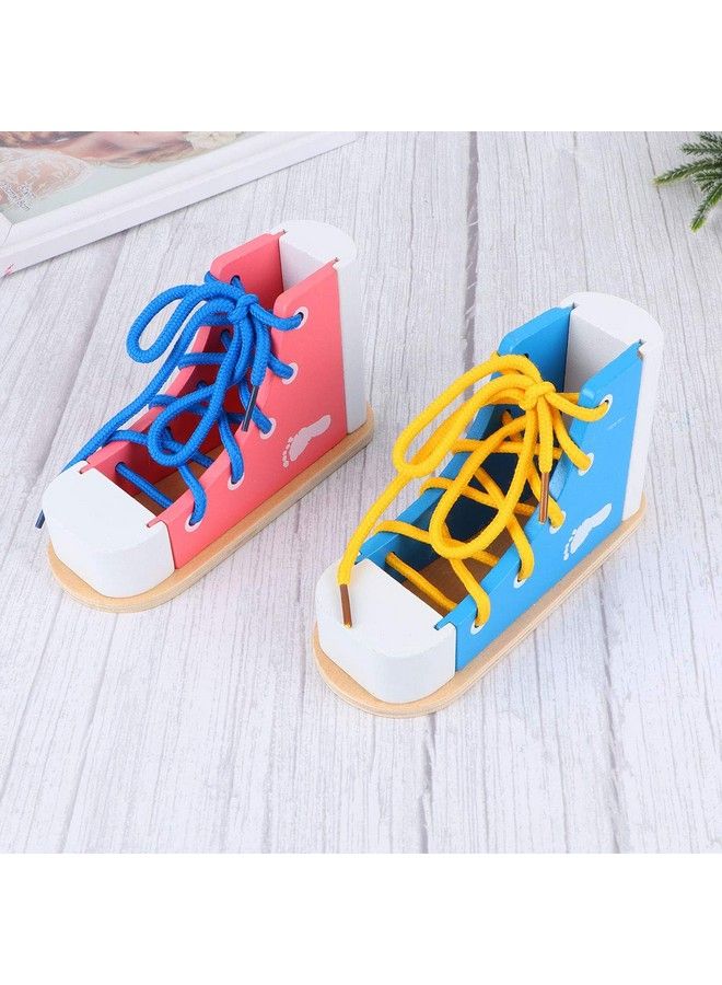 2Pcs Wood Lacing Sneaker Learn To Tie Shoes Tieup Shoe Threading Toy Montessori Educational Toys (Blue + Pink)