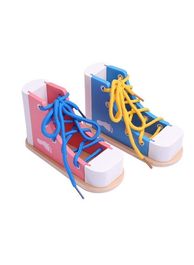 2Pcs Wood Lacing Sneaker Learn To Tie Shoes Tieup Shoe Threading Toy Montessori Educational Toys (Blue + Pink)