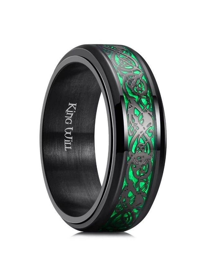 Mens Spinner 8Mm Stainless Steel Ring Anxiety Fidget Ring Black Celtic Dragon Green Carbon Fiber Inlay Fidget Wedding Ring 9.5