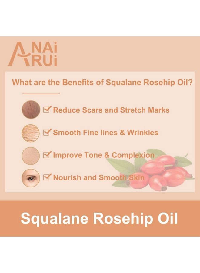 Squalane + Vitamin E Rosehip Oil Moisturizer For Face Hydrate Reduce Scars And Stretch Marks Wrinkles For Smoother Softer Skin 1 Fl. Oz