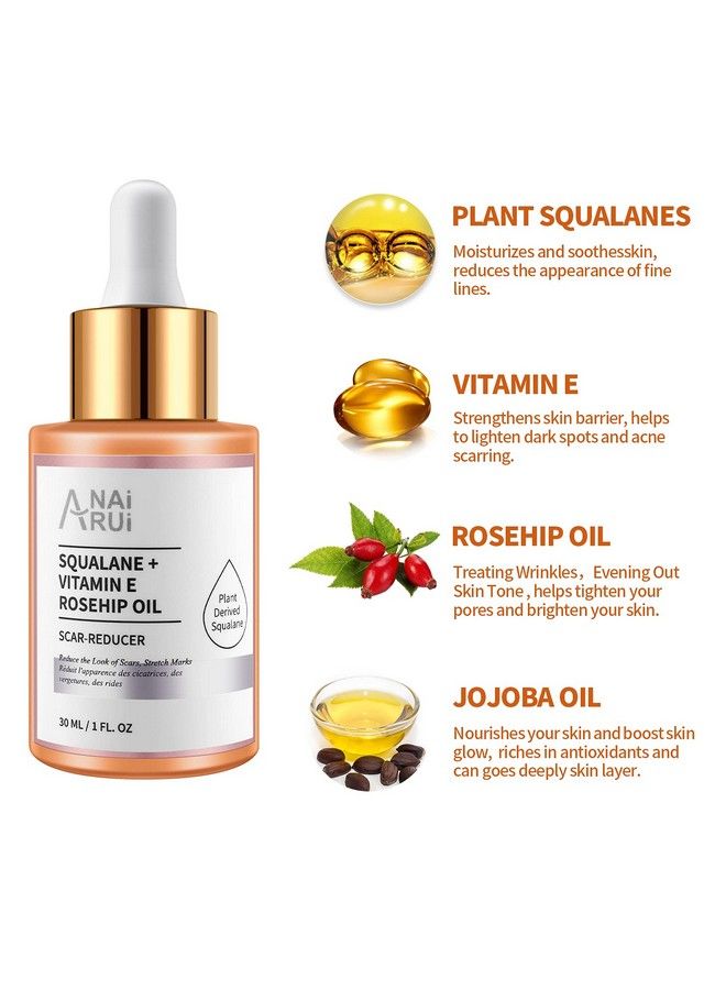 Squalane + Vitamin E Rosehip Oil Moisturizer For Face Hydrate Reduce Scars And Stretch Marks Wrinkles For Smoother Softer Skin 1 Fl. Oz