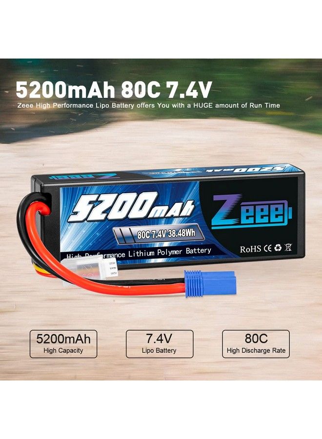 2S Lipo Battery 7.4V 5200Mah 80C Hard Case Battery With Ec5 Plug Compatible With 1/8 1/10 Rc Vehicles Car Slash Rc Buggy Truggy Rc Airplane Drone(2 Pack)