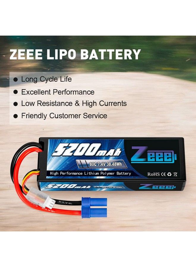 2S Lipo Battery 7.4V 5200Mah 80C Hard Case Battery With Ec5 Plug Compatible With 1/8 1/10 Rc Vehicles Car Slash Rc Buggy Truggy Rc Airplane Drone(2 Pack)