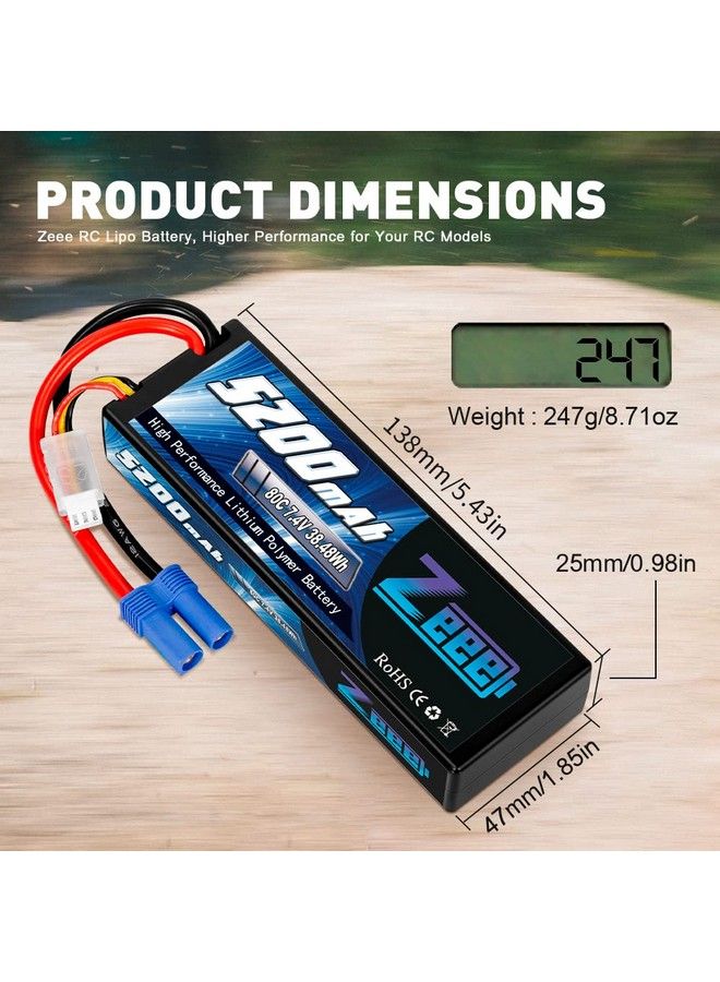 2S Lipo Battery 7.4V 5200Mah 80C Hard Case Battery With Ec5 Plug Compatible With 1/8 1/10 Rc Vehicles Car Slash Rc Buggy Truggy Rc Airplane Drone(2 Pack)