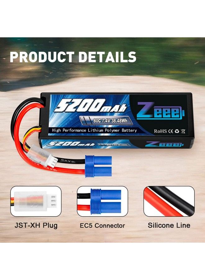 2S Lipo Battery 7.4V 5200Mah 80C Hard Case Battery With Ec5 Plug Compatible With 1/8 1/10 Rc Vehicles Car Slash Rc Buggy Truggy Rc Airplane Drone(2 Pack)