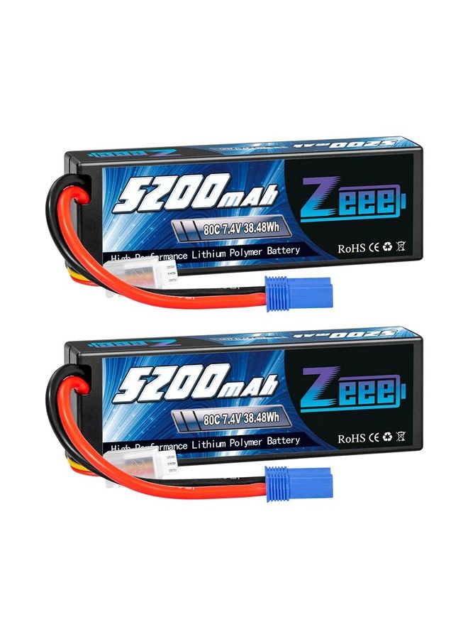 2S Lipo Battery 7.4V 5200Mah 80C Hard Case Battery With Ec5 Plug Compatible With 1/8 1/10 Rc Vehicles Car Slash Rc Buggy Truggy Rc Airplane Drone(2 Pack)