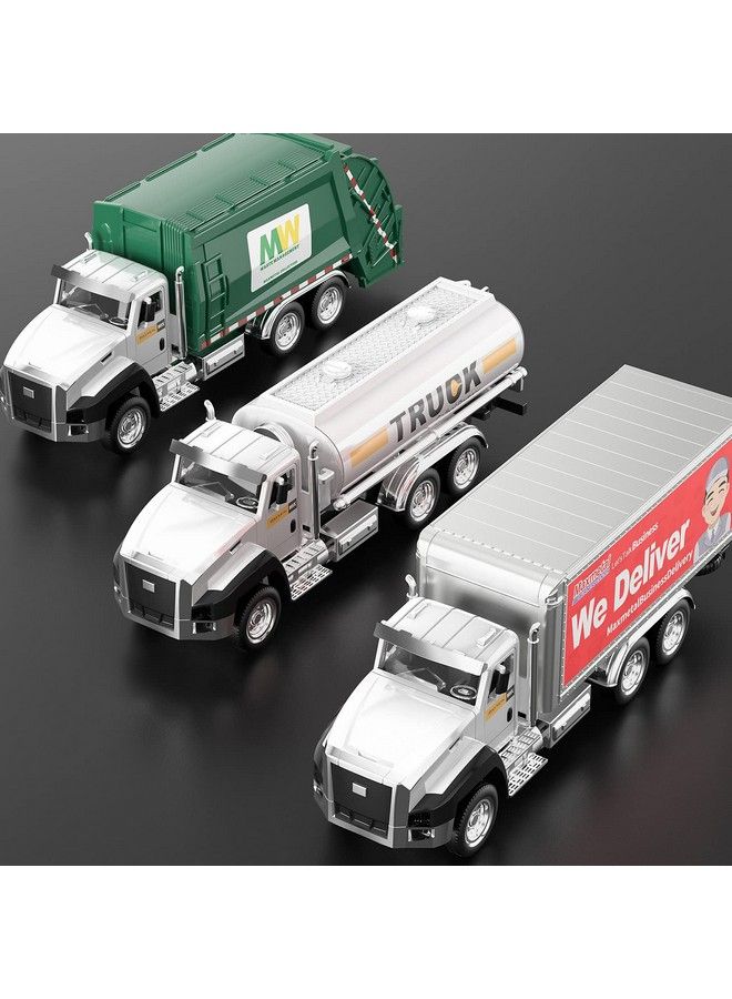 3 Pack Of Diecast City Transport Vehicles Garbage Truck Tanker Truck Express Delivery Truck 1/50 Scale Metal Collectible Model Cars Pull Back Car Toys With Opening Doors For Boys And Girls