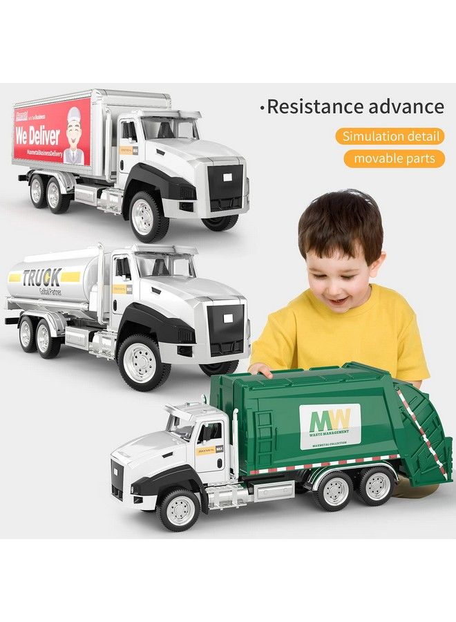 3 Pack Of Diecast City Transport Vehicles Garbage Truck Tanker Truck Express Delivery Truck 1/50 Scale Metal Collectible Model Cars Pull Back Car Toys With Opening Doors For Boys And Girls