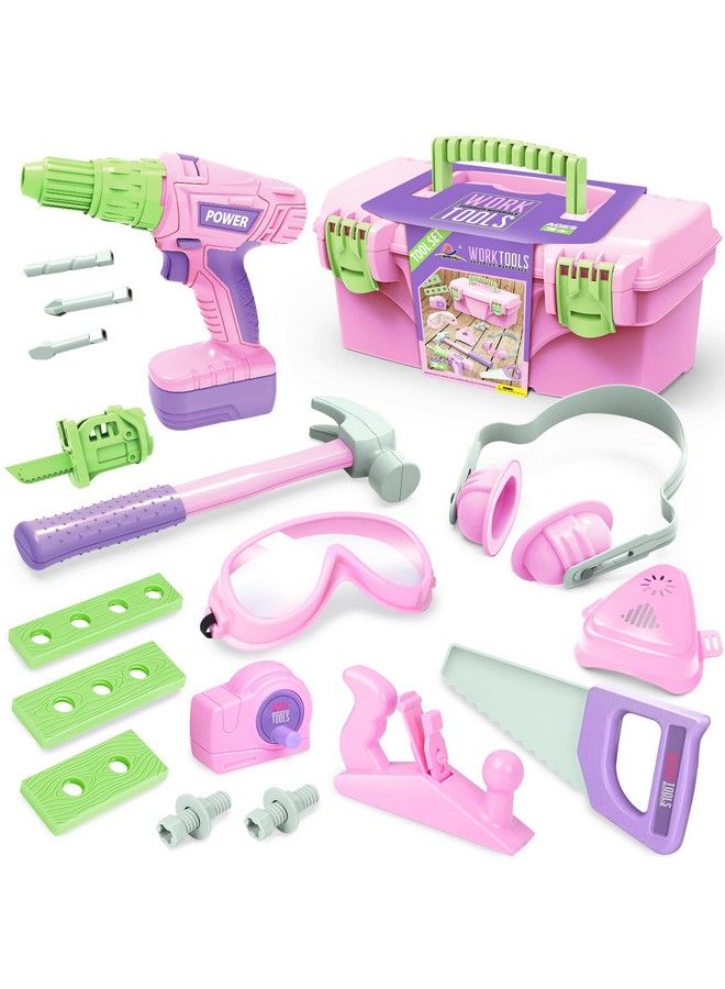 Kids Tool Set Girls Tool Set Pretend Play Construction Toy Tool With Tool Box Toddler Tool Set With Electric Toy Drill For Toddler Boy Girl Kid Child Tool Toy Pink Ages 3+