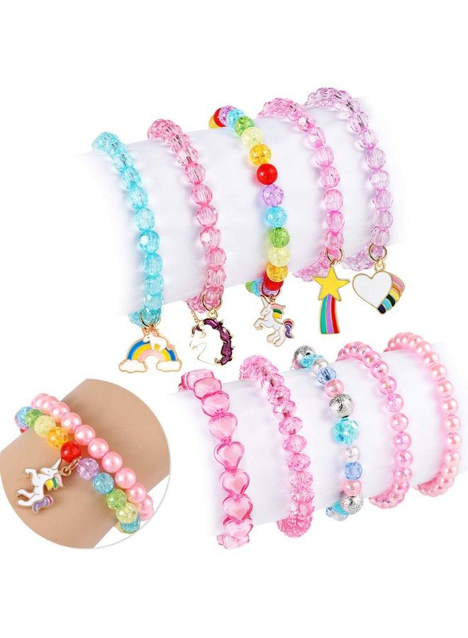 10 Pcs Girls Kids Rainbow Beaded Bracelet With Cute Unicorn Rainbow Heart Star Pendant Stretchy Costume Jewelry Set Gift Play Party Favors Present Friendship Jewelry For Baby Toddler Little Girl