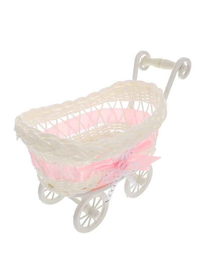 Wicker Stroller Decoration Rattan Baby Carriage Baby Doll Stroller Woven Flower Basket Baby Shower Centerpiece Stroller For Baby Shower Party Favors Pink