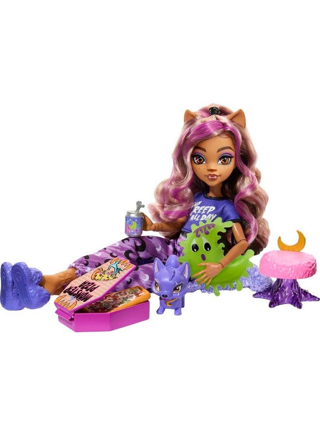 Doll Clawdeen Wolf Creepover Party Set With Pet Dog Crescent Sleepover Clothes And Accessories