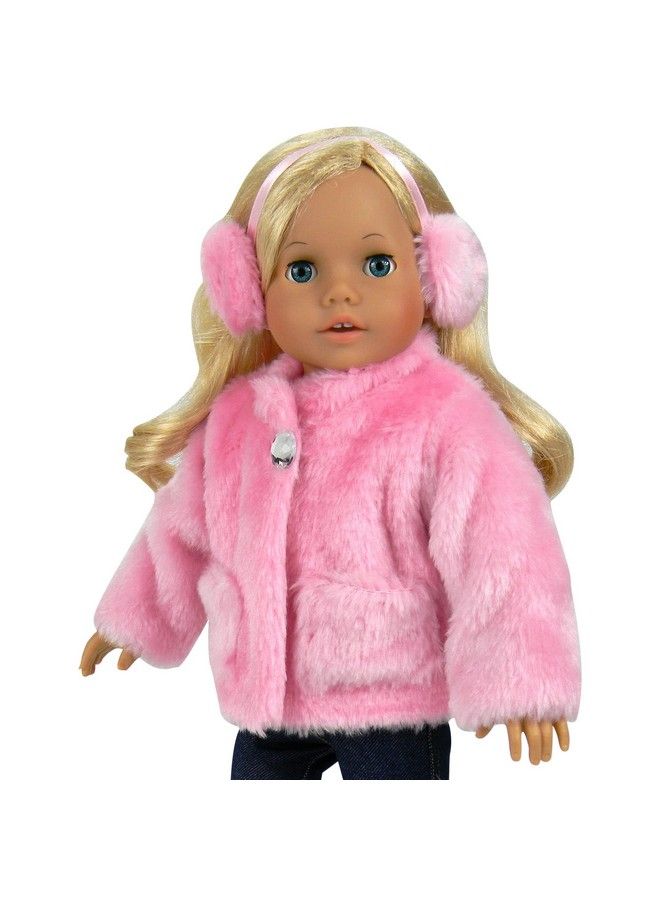 Fluffy Pink Fur Coat With Packet And Gem Plus Cozy Earmuff Headband Winter 2 Piece Snow Jacket Accessory Set For 18