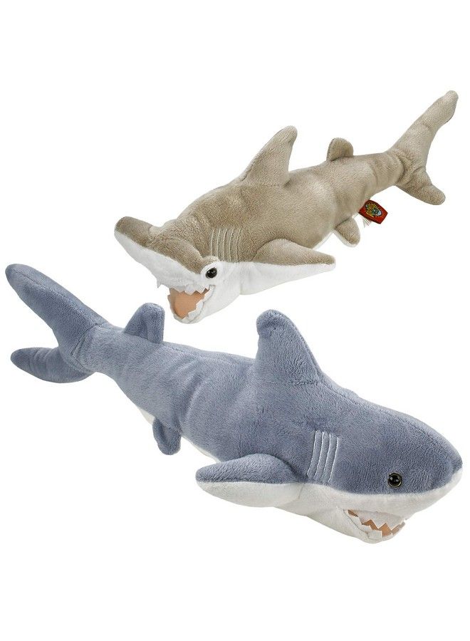 Stuffed Animal Sharks Pack Of 2 Large 14 Inch Mako & 13 Inch Hammerhead Plush Shark Toys Stuff Animals Toy For Baby Toddlers & Kids