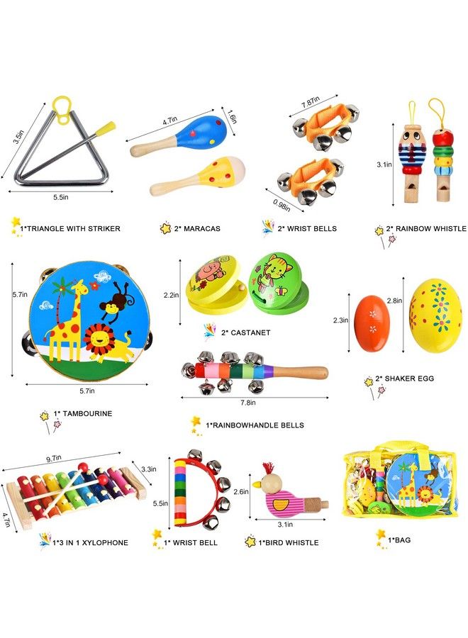 Kids Musical Instruments Set 20 Pcs Wooden Shakers Percussion Instruments Tambourine Xylophone Toys Child Early Learning Musical Toys For Boys And Girls Gifts Present With Carrying Bag