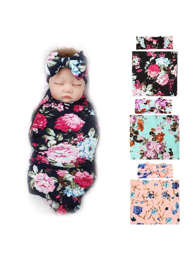 Bqubo Newborn Floral Receiving Blankets 3 Sets Newborn Baby Swaddling With Bow Headbands Sleepsack Toddler Warm