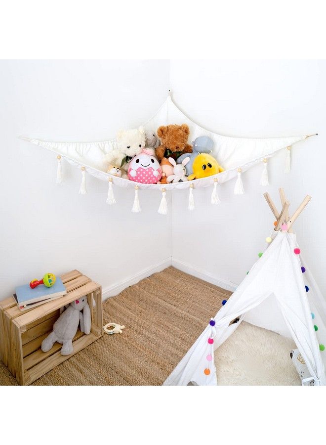 Stuffed Animal Hammock Macrame Hanging Toy Storage Organizer With Tassels Boho Large Corner Toy Net Hammock For Stuffed Animals Plush Toys Display Holder For Nursery Kid Room Playroom Bedroom