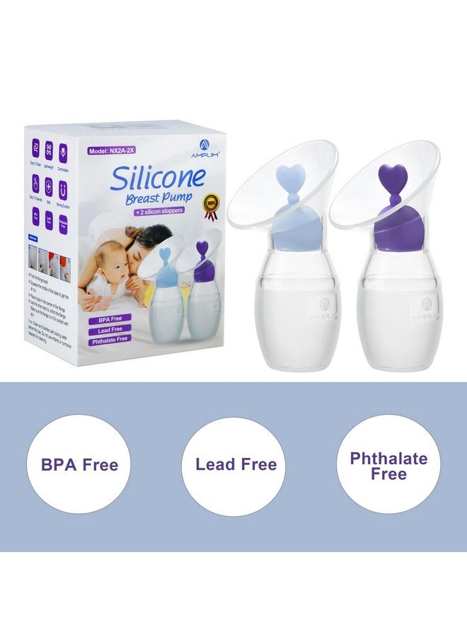 2Pack Food Grade Silicone Breast Milk Collector 4Oz/100Ml ; Manual Breast Pump With Breastfeeding Milk Saver Stopper ; Fsa Hsa ; Bpa Pvc Lead And Phthalate Free ; Blue