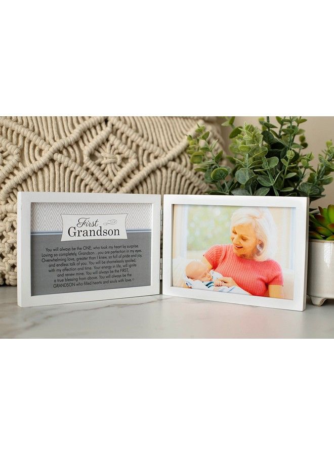 The Grandparent Gift Company 4” X 6” White Double Hinged Table Or Shelf Frame With “Grandson” Sentiment Holds Ultrasound And Photographs