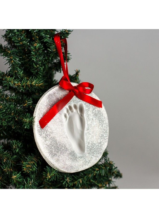 Baby Print Handprint Or Footprint Glitter Personalized Holiday Keepsake Ornament Kit To Capture Baby Print Round Silver