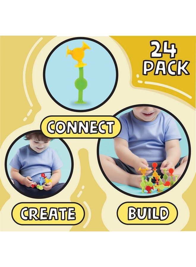 Suction Bath Toys 24Pcs ; Connect Build Create ; No Mold Bath Toy ; Hours Of Fun & Creativity ; Stimulating & Addictive Sensory Suction Toy ; No Hole Bath Toy ; Mold Free Bath Toys