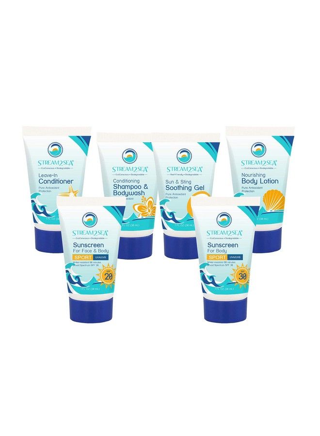 6 Pack Natural Travel Sized Toiletries 1Oz Paraben Free Sample Size Shampoo Conditioner Lotion Mineral Sunscreen Spf 20 And Spf 30 And After Sun Gel By Stream2Sea