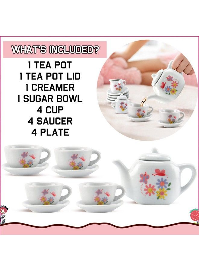 16 Piece Rose Flower Miniature Porcelain Ceramic Tea Set ; Kids Toy Mini Pretend Play Kitchen Decorated Playset ; Small Party Accessories Teapot Cups Sugar Bowl And Creamer