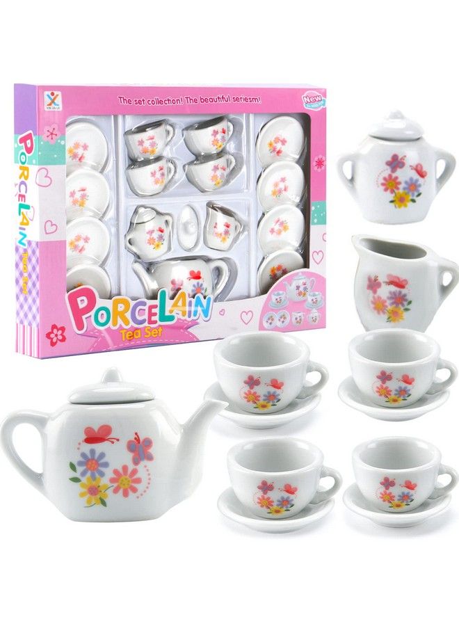 16 Piece Rose Flower Miniature Porcelain Ceramic Tea Set ; Kids Toy Mini Pretend Play Kitchen Decorated Playset ; Small Party Accessories Teapot Cups Sugar Bowl And Creamer