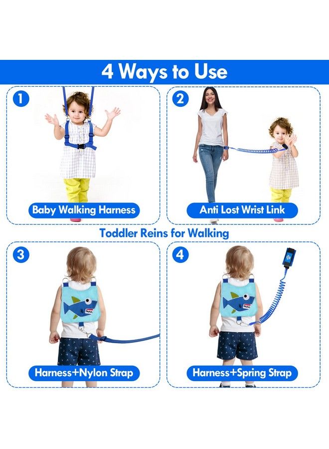 Baby Leashes For Toddlers Toddler Leash For Boys 4In1 Toddler Safety Harness Leash + Anti Lost Wrist Link Kid Leashes For Walking(Shark Blue)