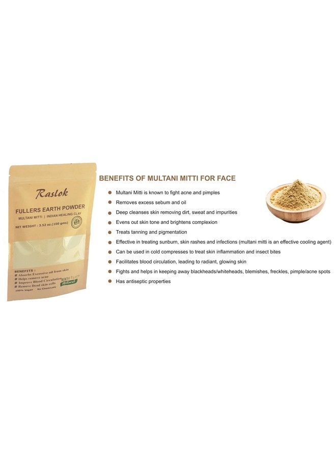 100% Pure Fullers Earth Powder | Multani Mitti Organic For Face| Bentonite Clay Mask| No Added Fragrance| Natural Face Mask Mud Mask Pack (3.52 Oz.) | Multani Matti Powder | Indian Healing Clay