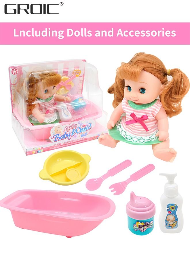 8-Inch Baby Doll Play Set with Bathtub, Baby Doll Care Set Doll Feeding and Changing Accessories Set Baby Doll Accessories, Interactive Dolls for Girls Kids Pretend Play Baby Dolls