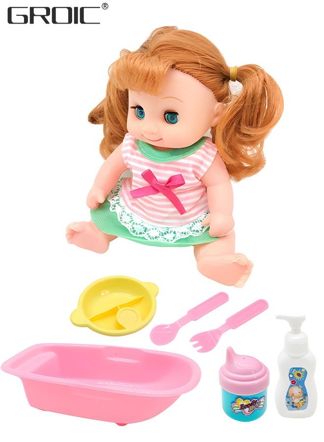 8-Inch Baby Doll Play Set with Bathtub, Baby Doll Care Set Doll Feeding and Changing Accessories Set Baby Doll Accessories, Interactive Dolls for Girls Kids Pretend Play Baby Dolls